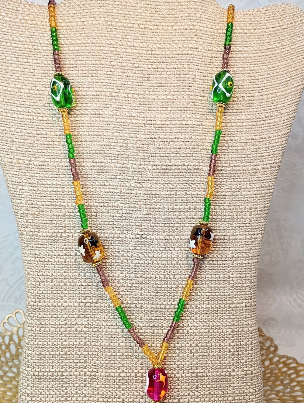 Handcrafted Lampwork Green, Gold and Pink Glass Bead Necklace
